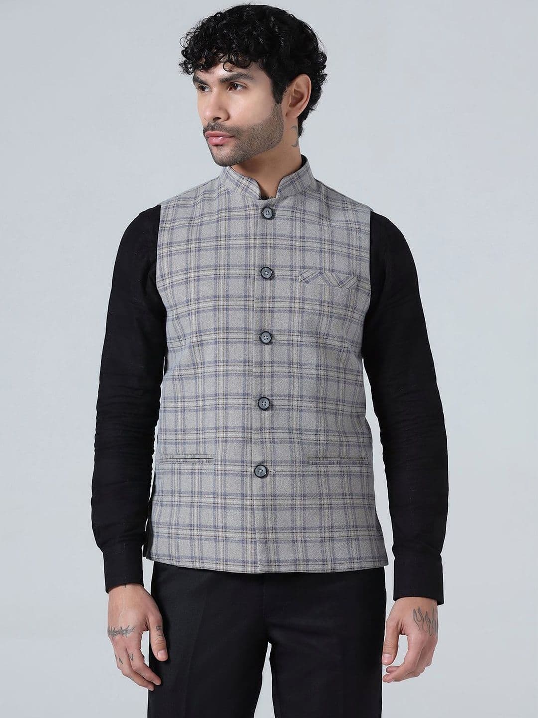 TAHVO Checked Woven Mandarin Collar Neck Nehru Jackets - view 1