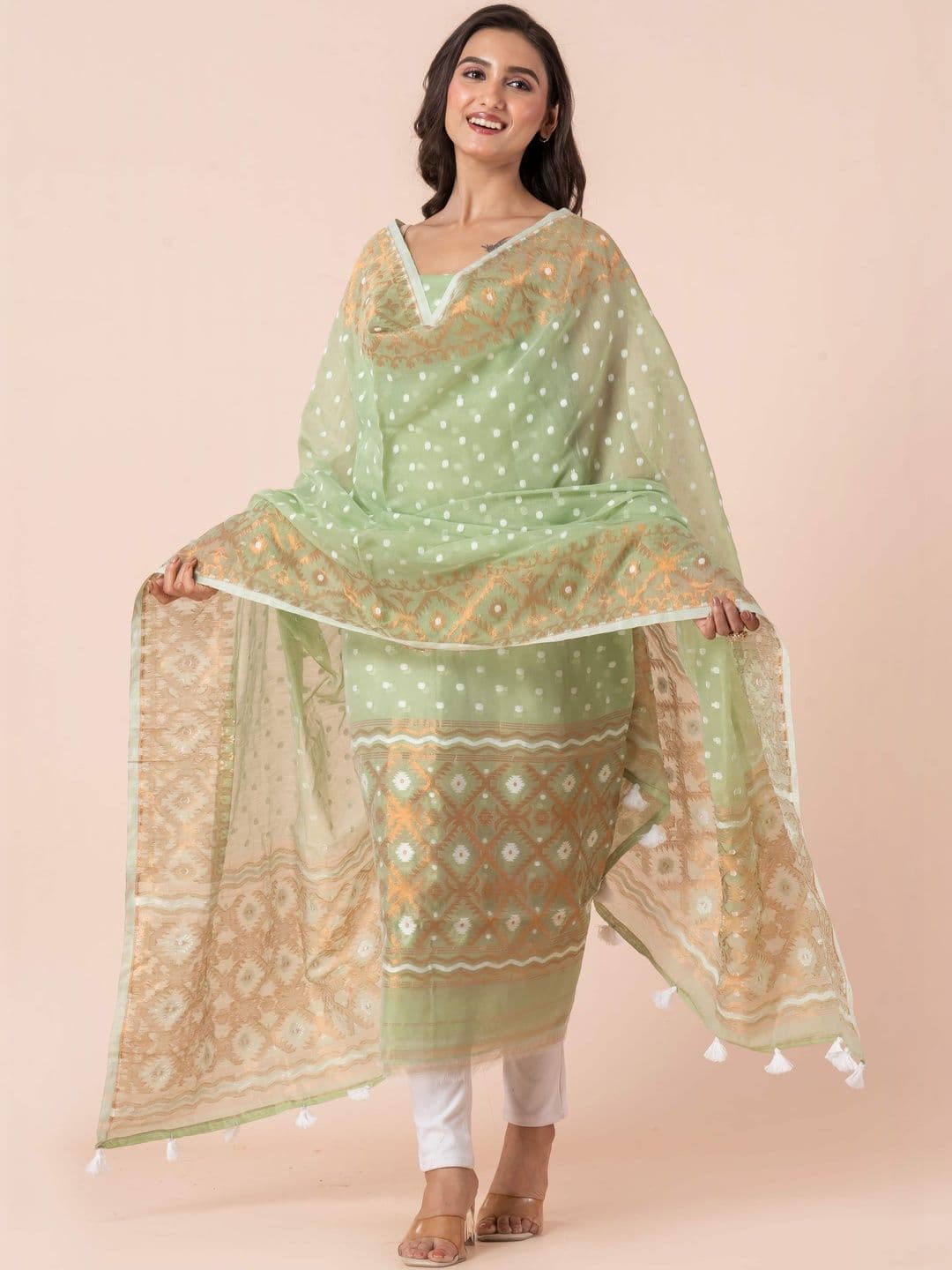 Durga Handlooms Jamdani Unstitched Cotton Zari Kurti with Dupatta - view 1