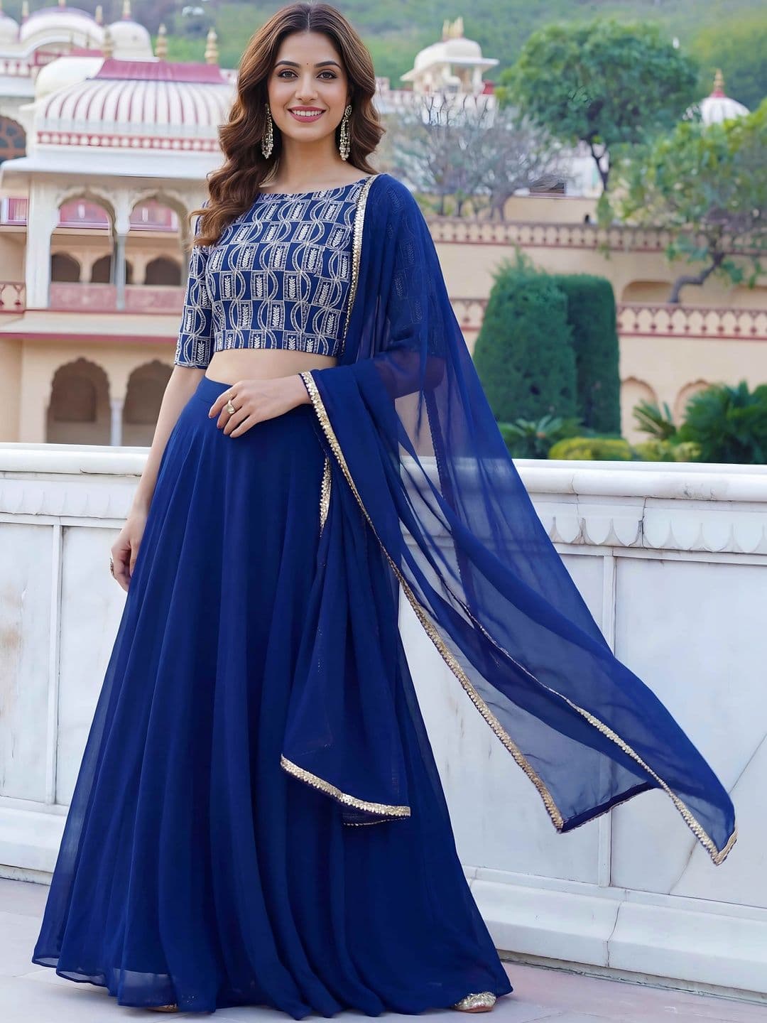 ETHNIC PLUS Embroidered Sequinned Semi-Stitched Lehenga & Blouse With Dupatta - view 1
