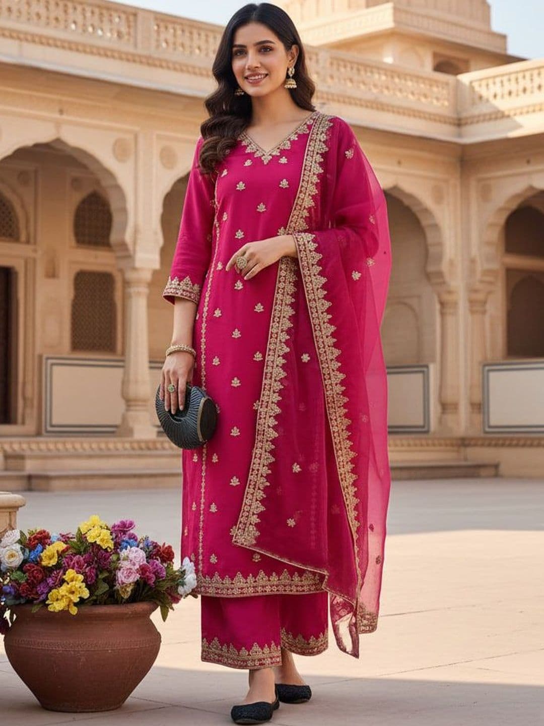 Ecolors Fab Women Ethnic Motifs Embroidered Regular Chanderi Cotton Kurta with Palazzos & With Dupatta - view 1