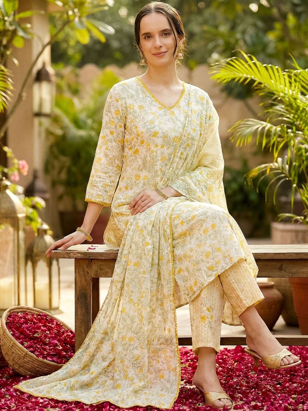 Indo Era Women Floral Printed Regular Pure Cotton Kurta with Trousers & With Dupatta - view 1