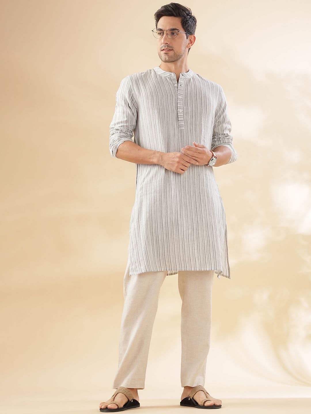 Taavi Striped Woven Design Mandarin Collar Pure Cotton Straight Kurta - view 1