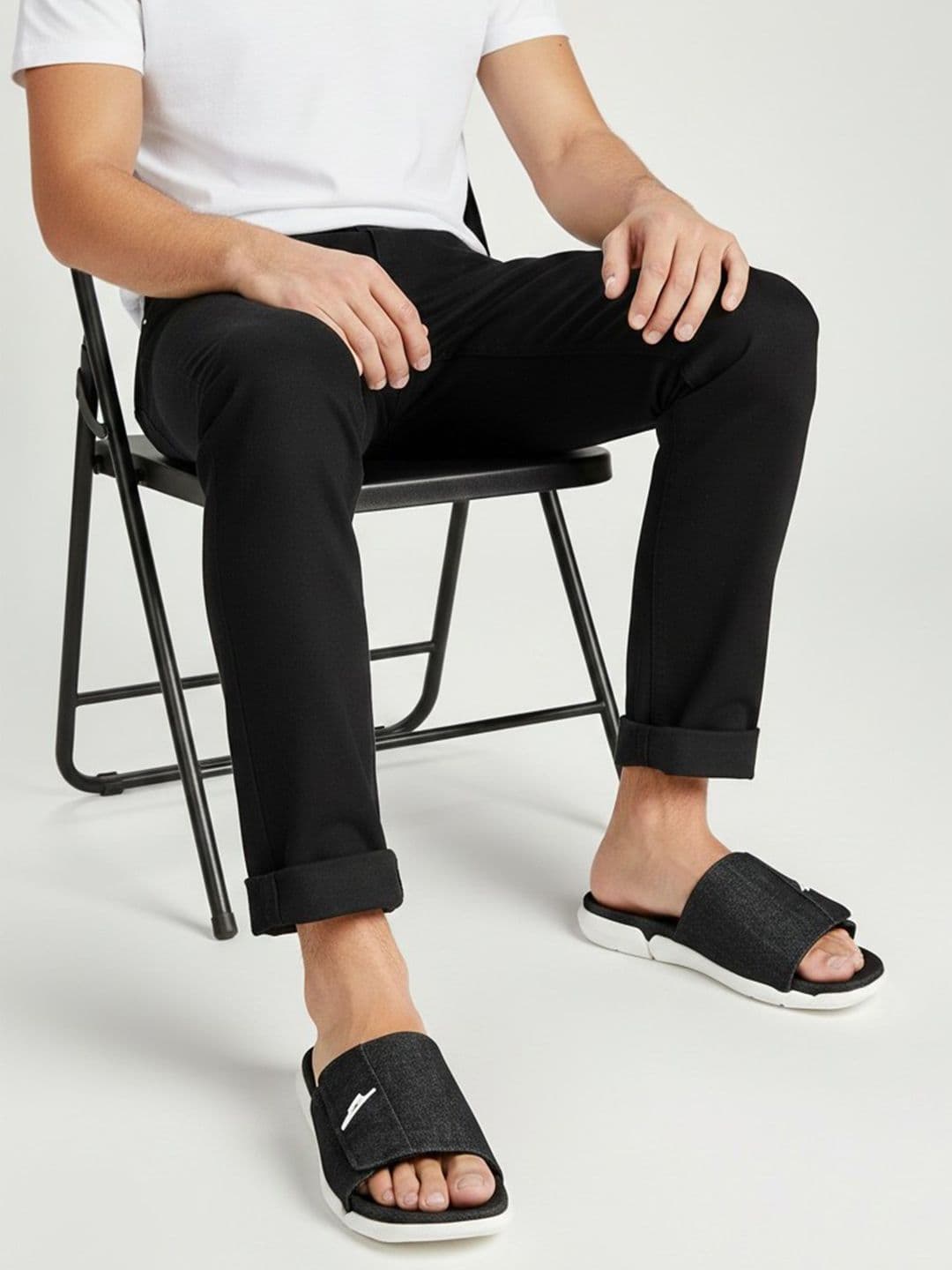 ZEESH Men PU Solid Black Wash Denim Sliders Flip Flops - view 1