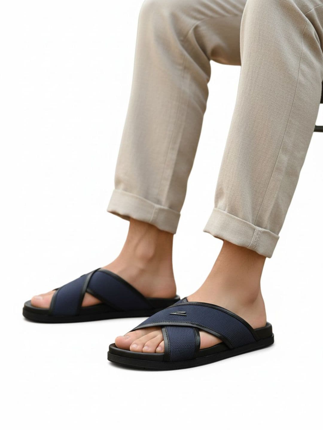 ZEESH Self Design Leather Sliders - view 1
