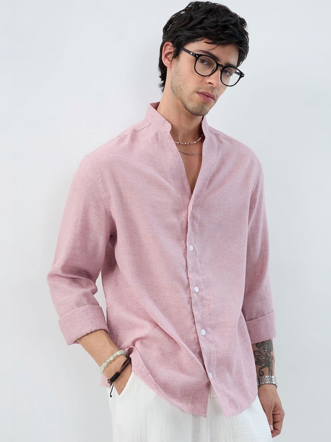 VASTRADO Han Pink Linen Blend Stand-Collar Oversized Shirt - view 1