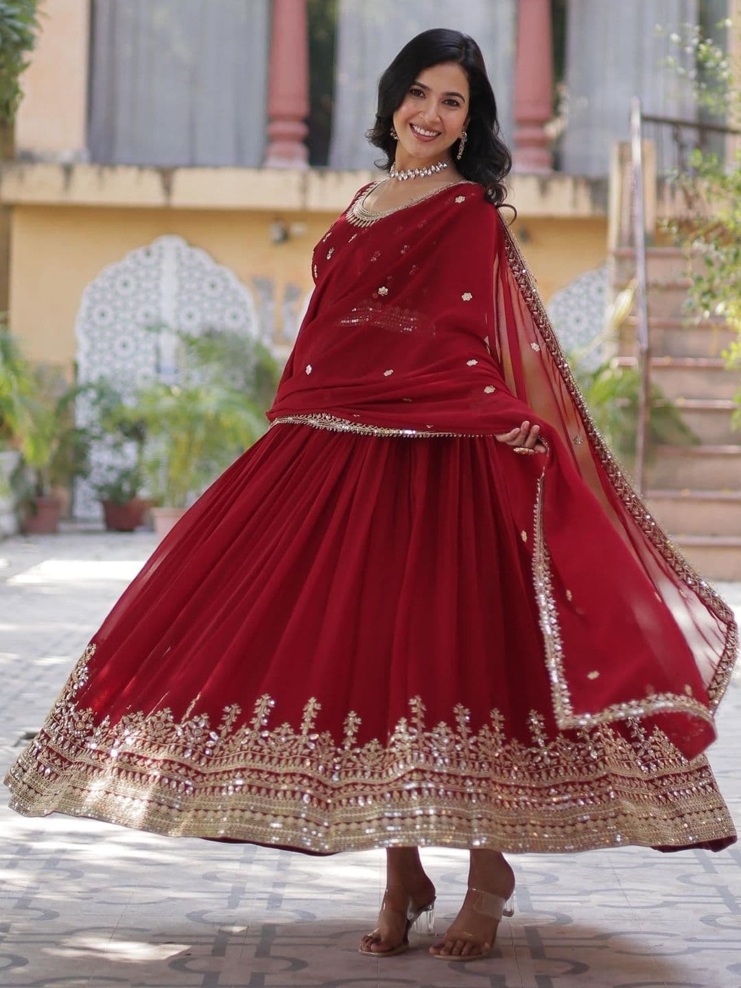 GLOSIA DESIGN Women Ethnic Motifs Embroidered Empire Sequinned Kurta with Trousers & With Dupatta - view 1