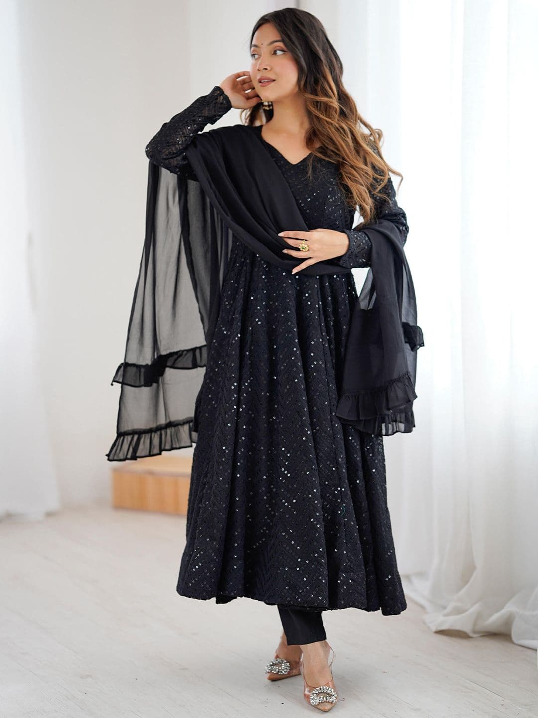 RITIRANG Women Ethnic Motifs Embroidered Panelled Sequinned Kurta with Trousers & With Dupatta - view 1