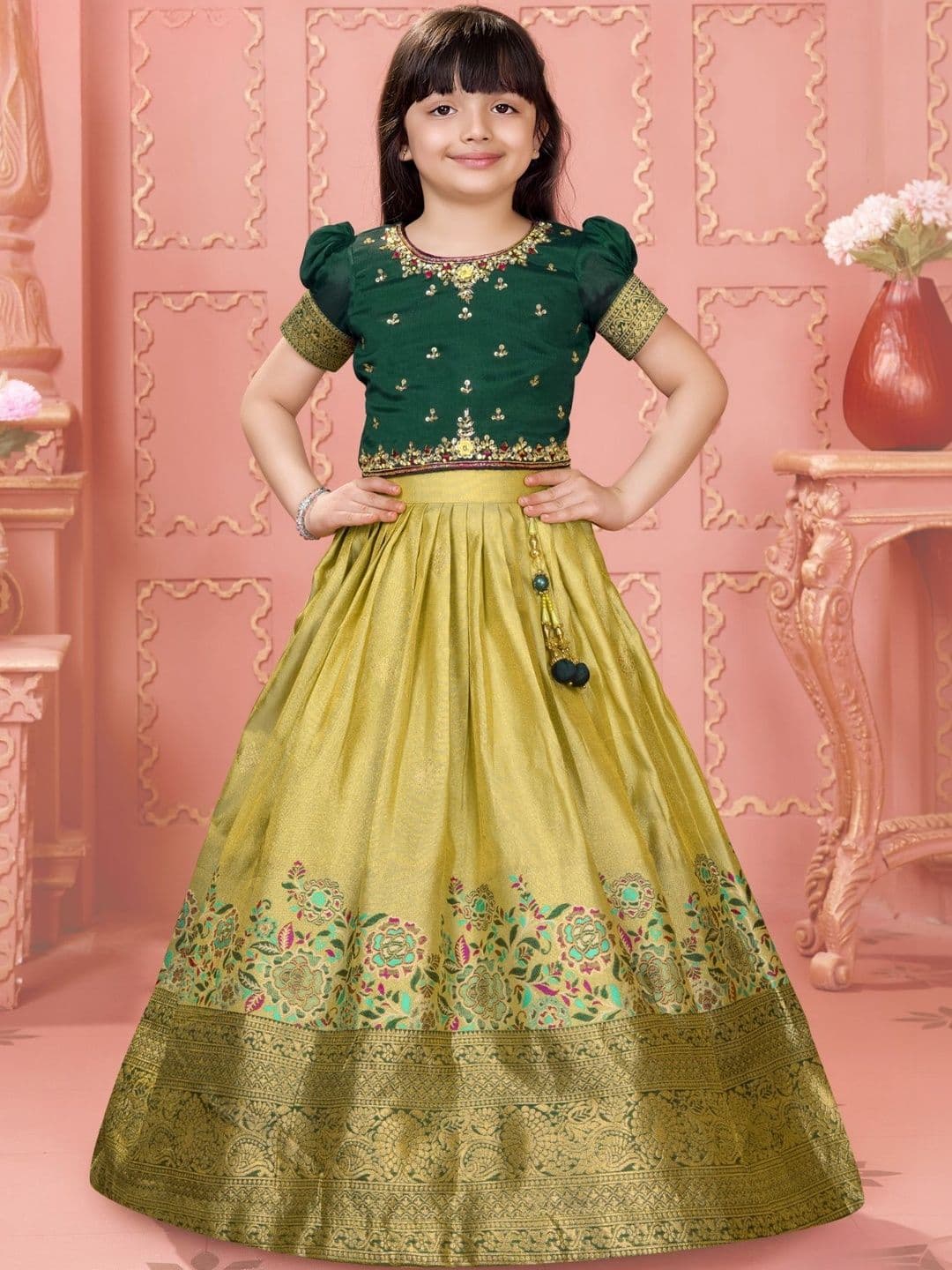 Lagorii Girls Embroidered Semi-Stitched Lehenga & - view 1