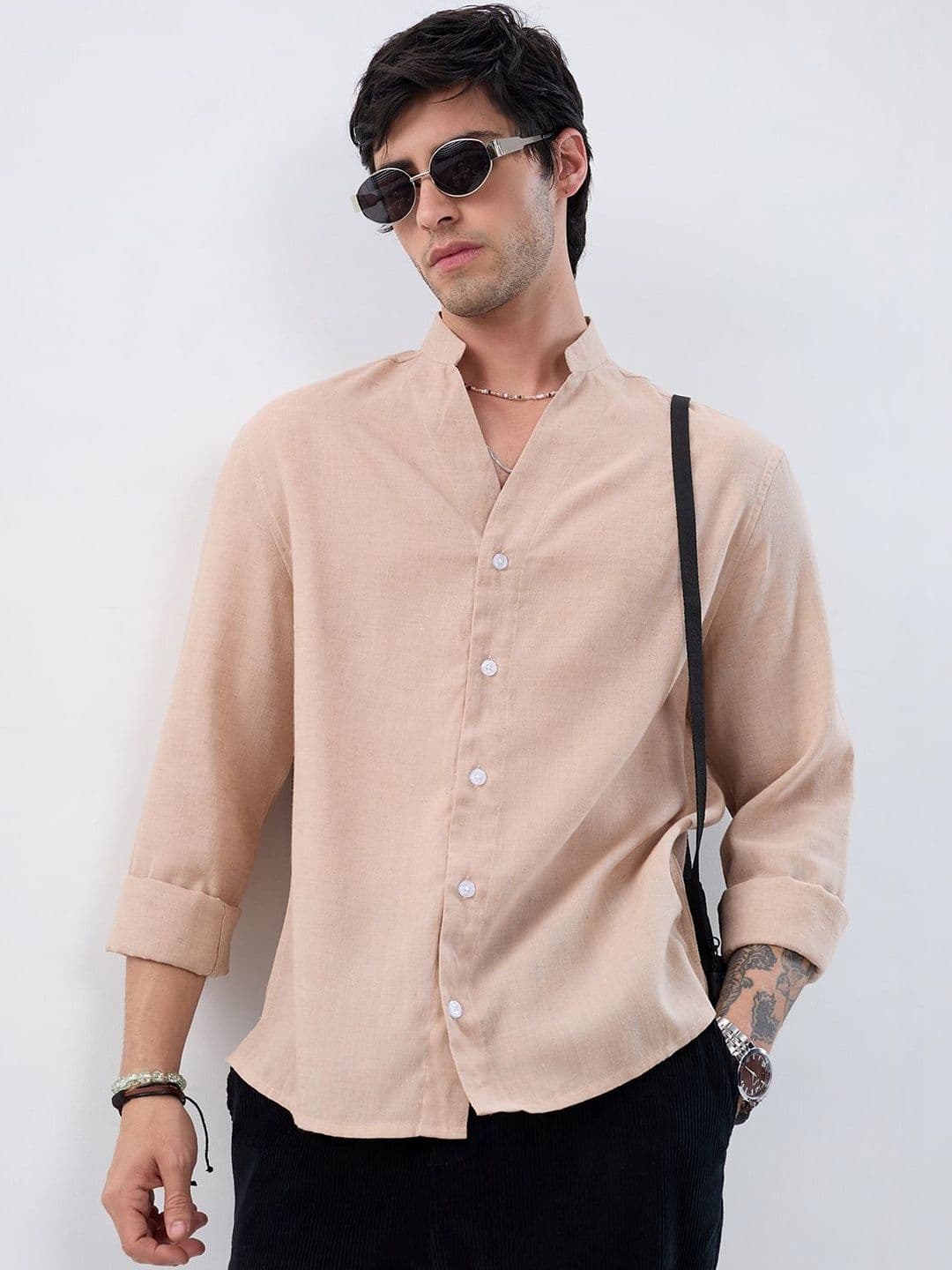 VASTRADO Premium Tan Beige Linen Blend Stand-Collar Oversized Shirt - view 1