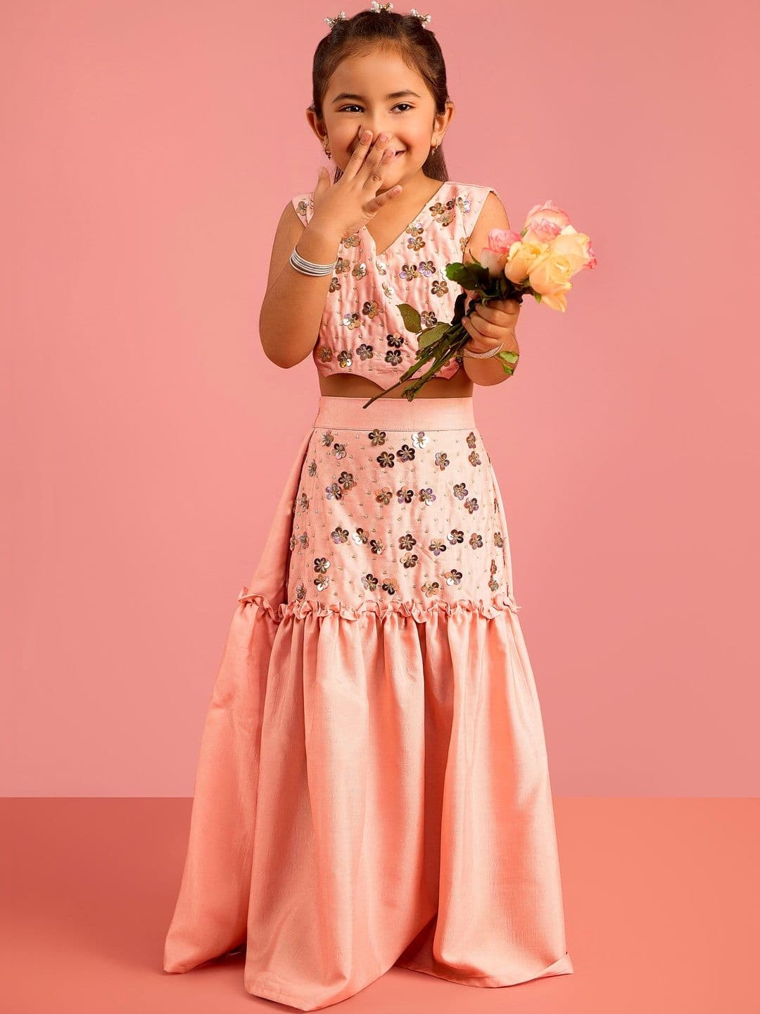 VASTRAMAY Girls Peach Embellished Sequinned Lehenga Choli Set - view 1