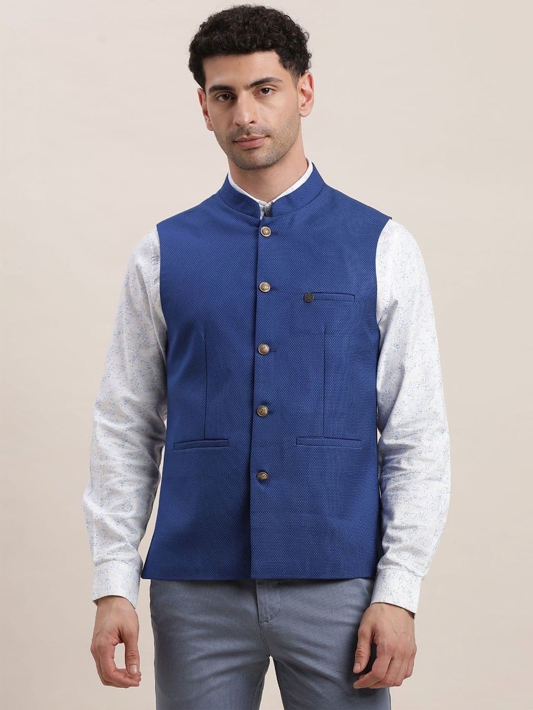 Turtle Woven Design Mandarian Collar Neck Woven Nehru Jacket - view 1