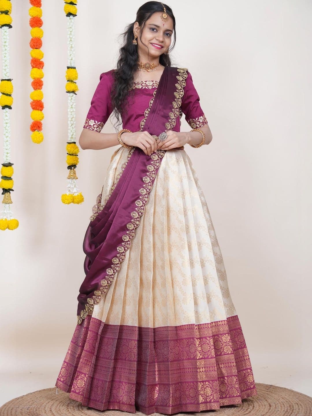 Pink Bindi Embellished Unstitched Lehenga & Blouse With Dupatta - view 1