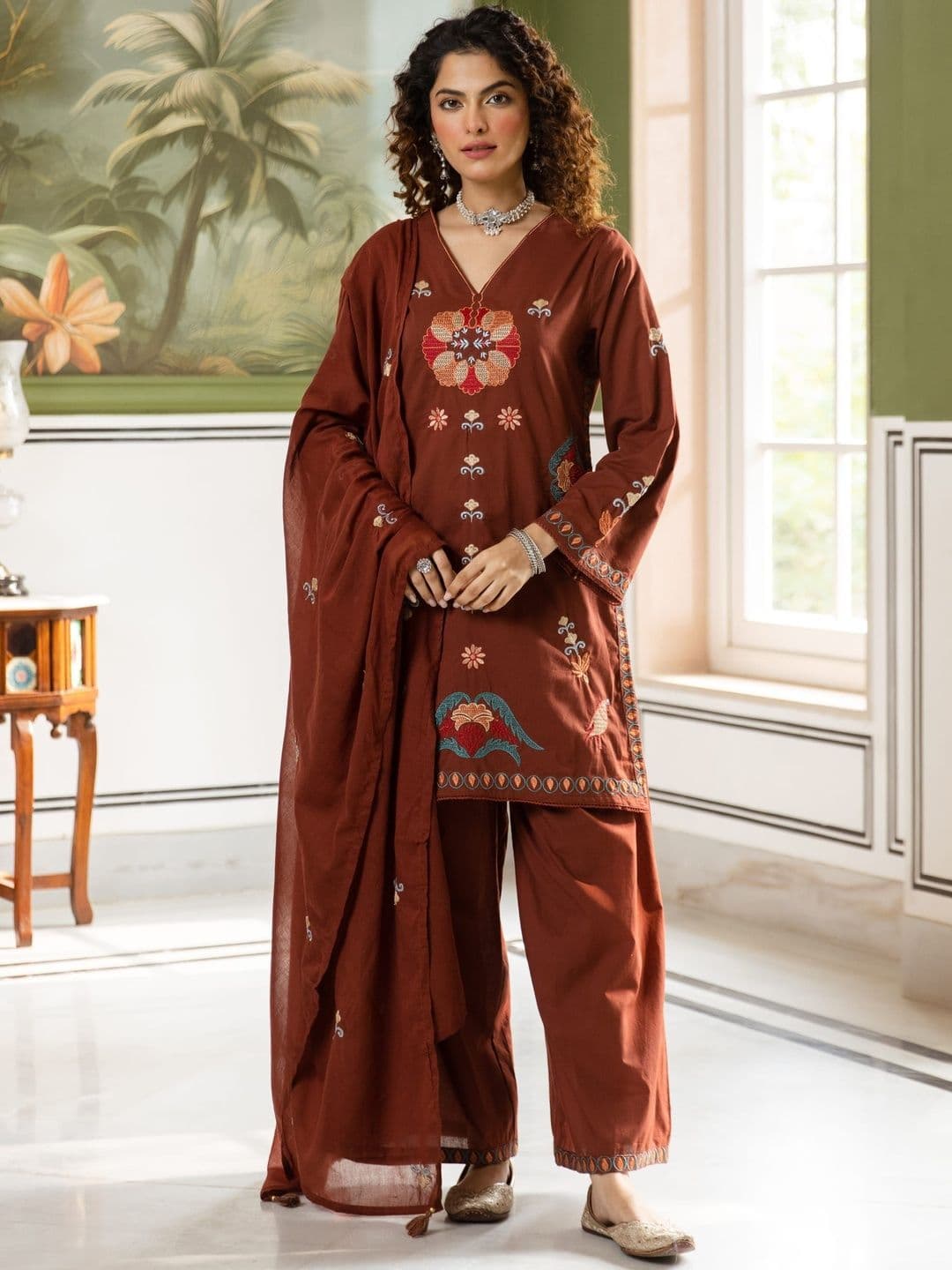 Sangria Embroidered Pure Cotton V-Neck Kurta Trousers & Dupatta - view 1