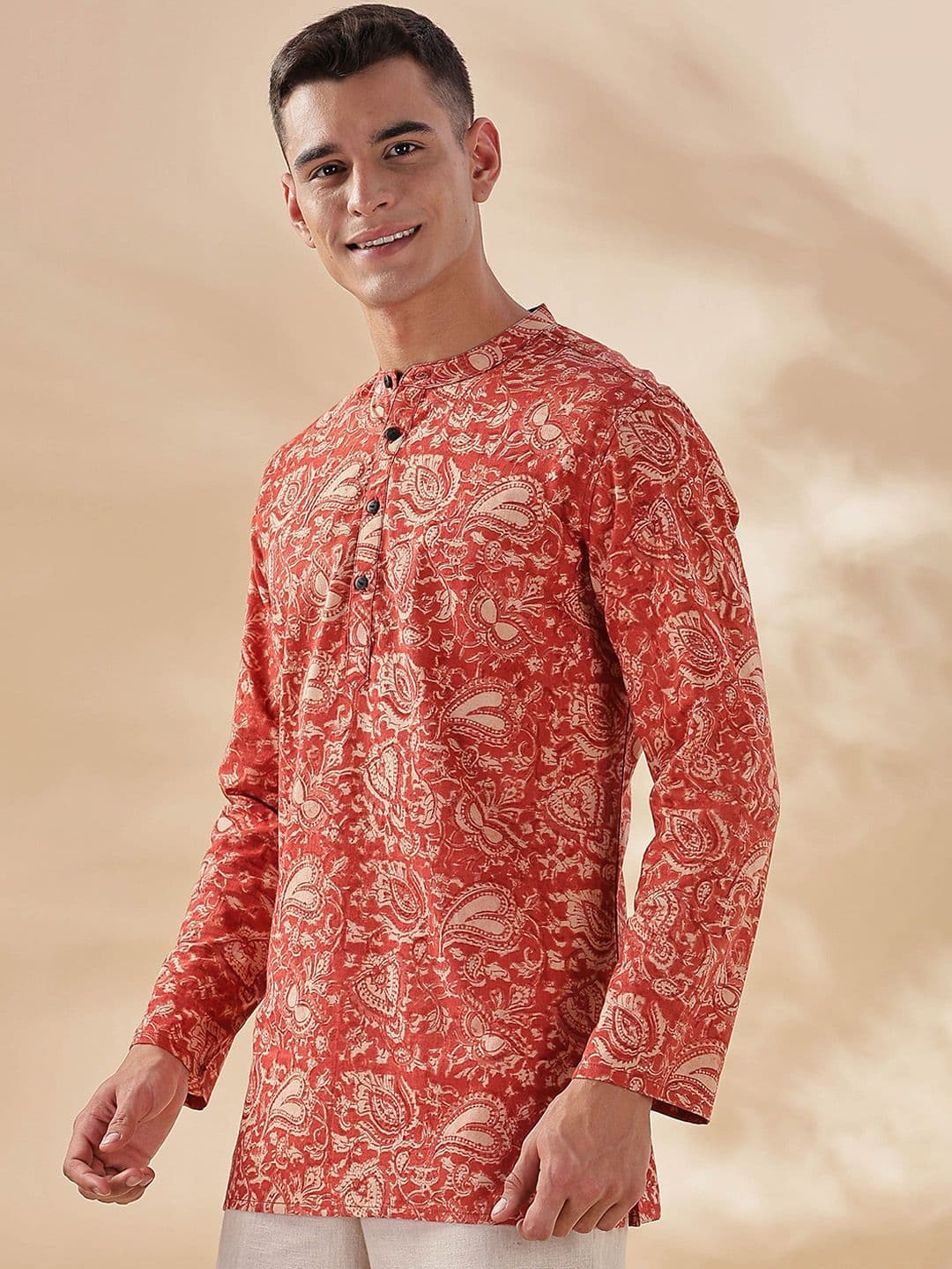 Taavi Ethnic Motifs Printed Band Collar Pure Cotton Straight Kurta - view 1
