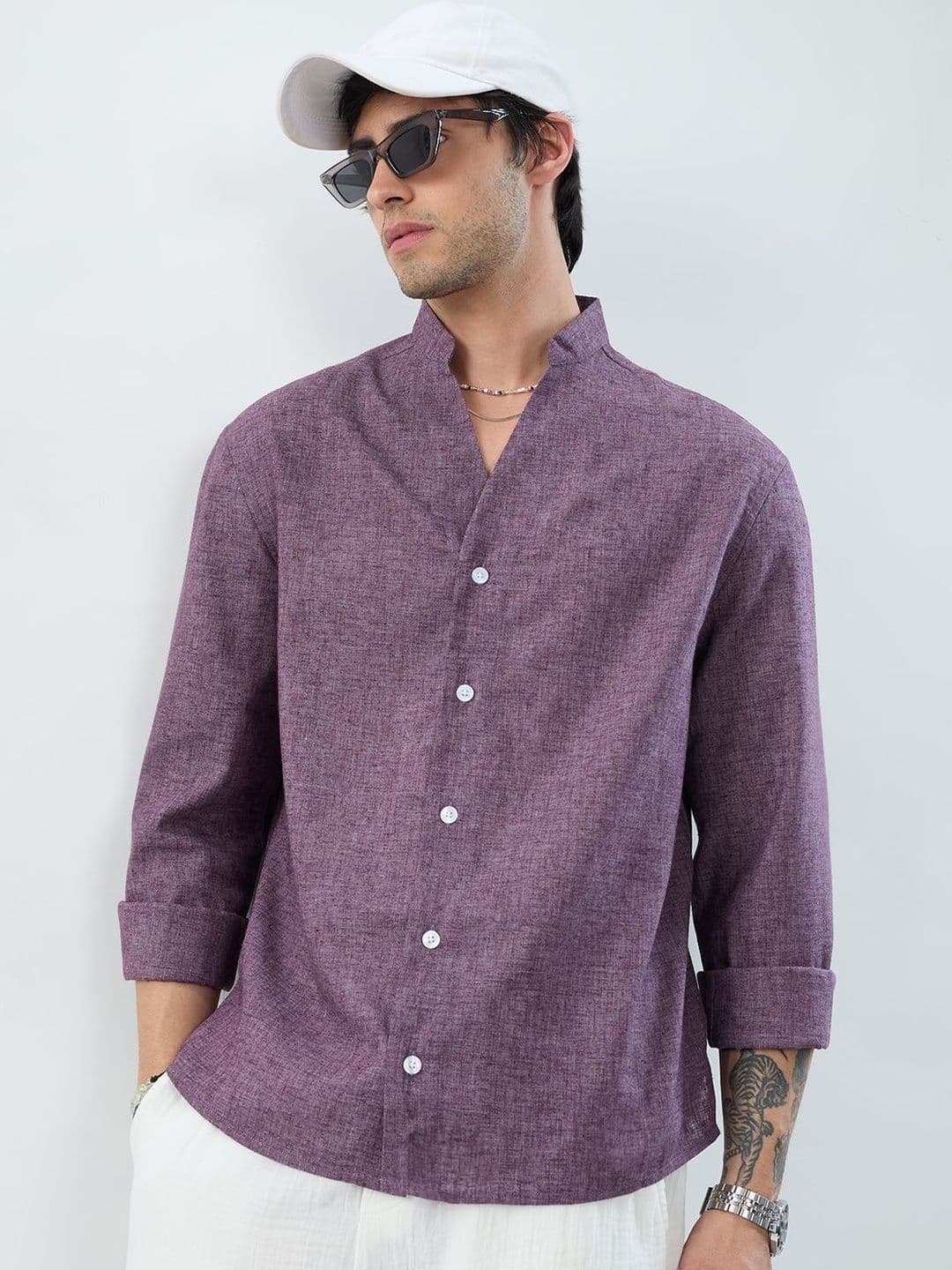 VASTRADO Rich Aubergine Purple Linen Blend Stand-Collar Oversized Shirt - view 1