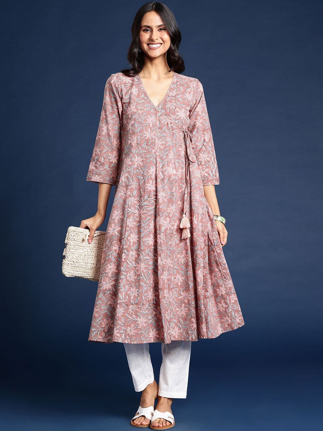 Taavi Floral Printed V-Neck Angrakha Cotton Anarkali Kurta - view 1
