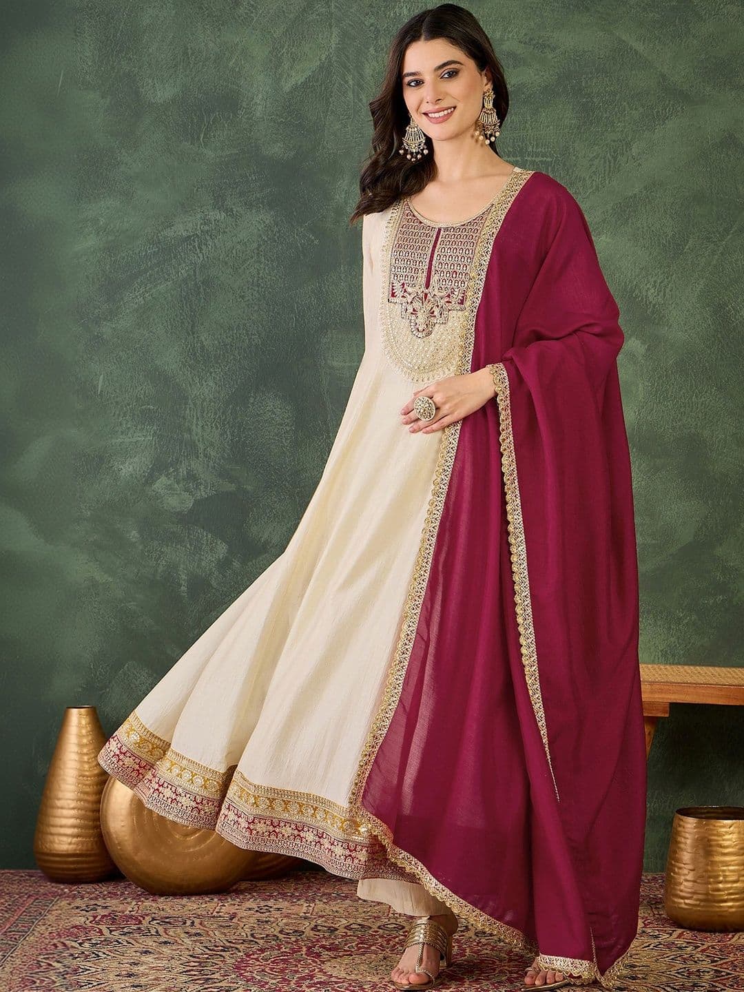 Brand Hill Women Ethnic Motifs Embroidered Empire Thread Work Dupion Silk Kurta with Trousers & With Dupatta - view 1