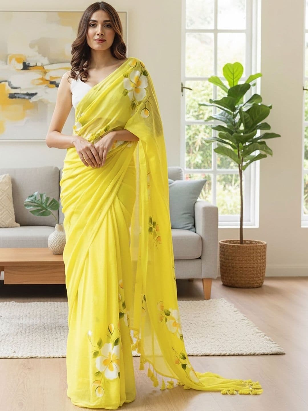 Mitera Floral Linen Blend Designer Block Print Saree - view 1