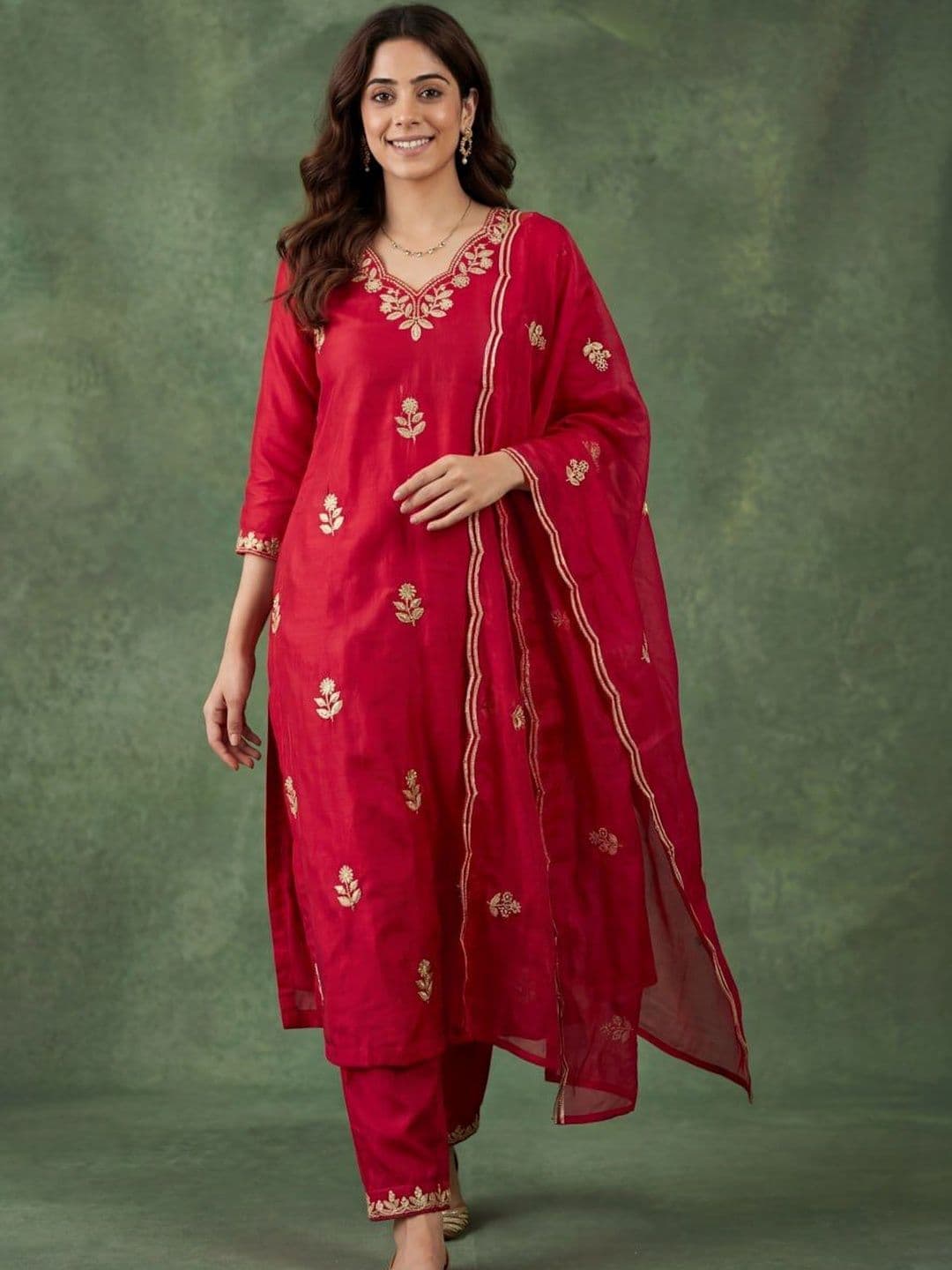 HERE&NOW Women Ethnic Motifs Embroidered Regular Thread Work Kurta with Trousers & With Dupatta - view 1
