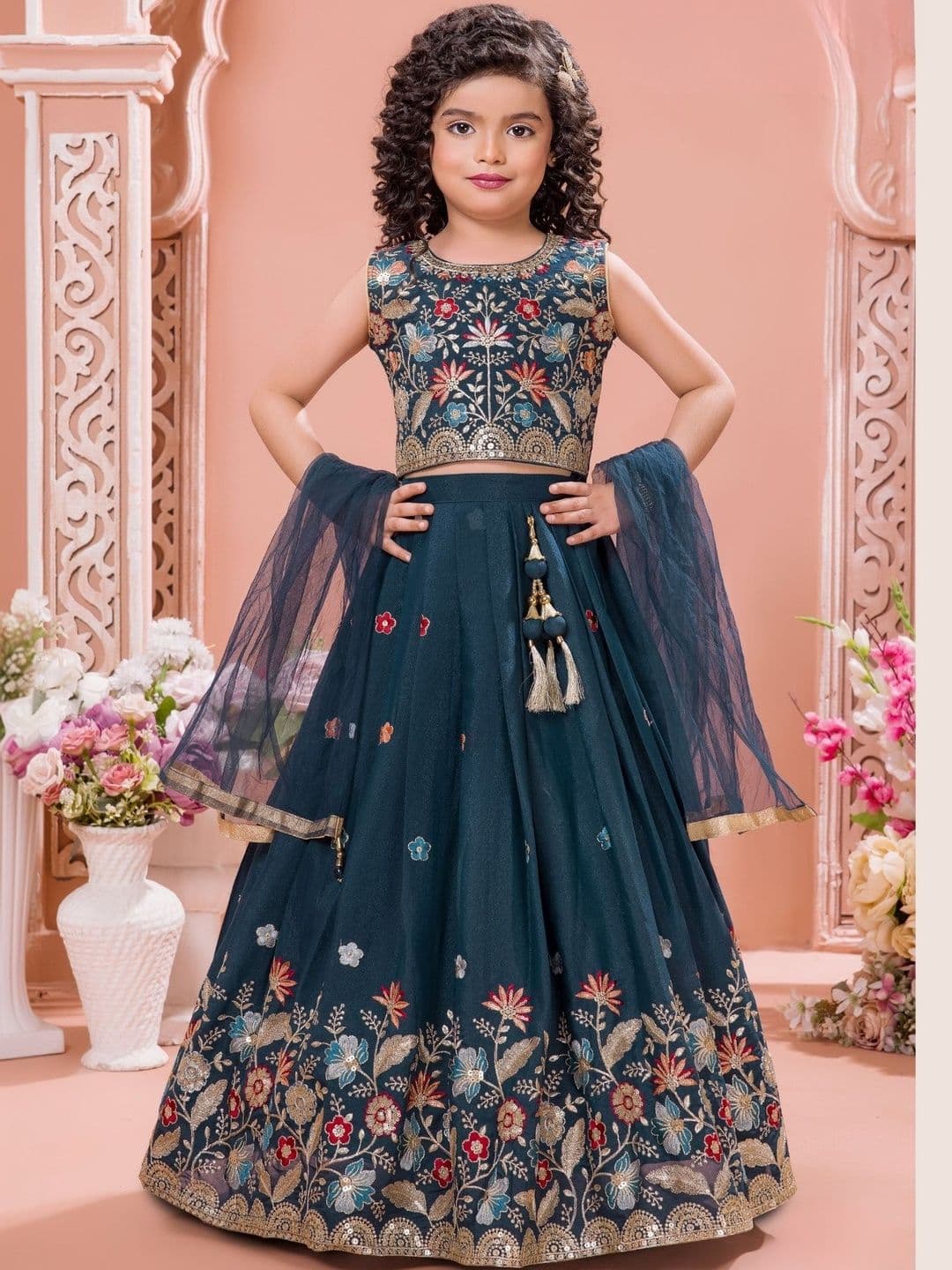 Lagorii Girls Embroidered Thread Work Semi-Stitched Lehenga & Blouse With Dupatta - view 1