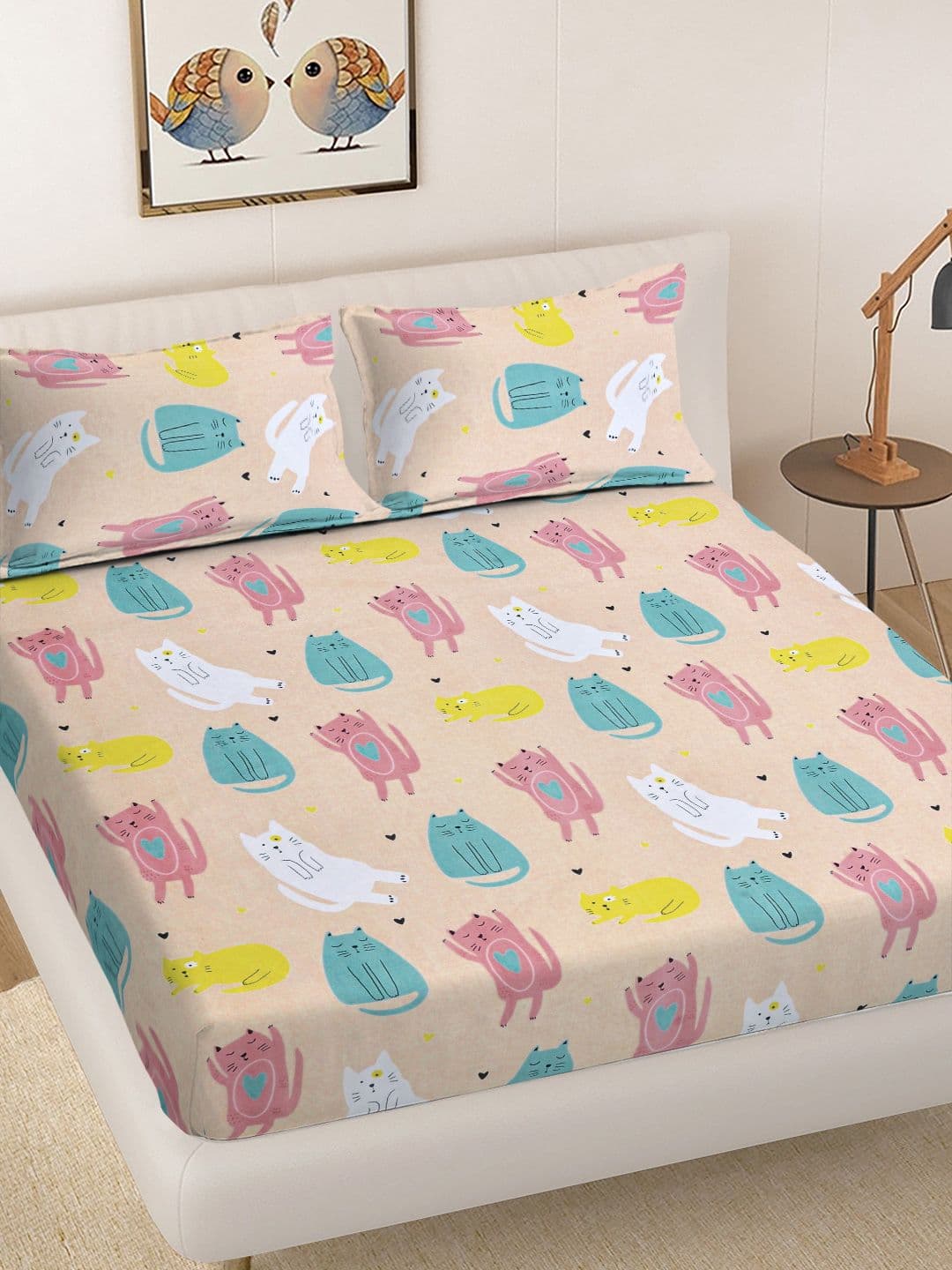 FABINALIV Beige Cartoon Print Polycotton Bedsheet with 2 Pillow Covers - view 1