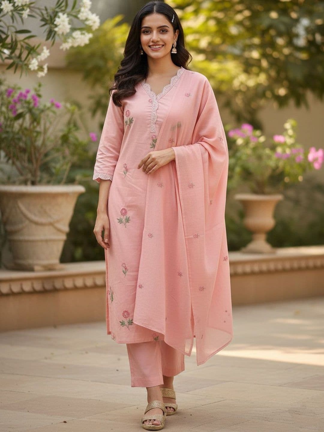 Gopi Prem Women Floral Embroidered Regular Thread Work Pure Cotton Kurta with Trousers & With Dupatta - view 1