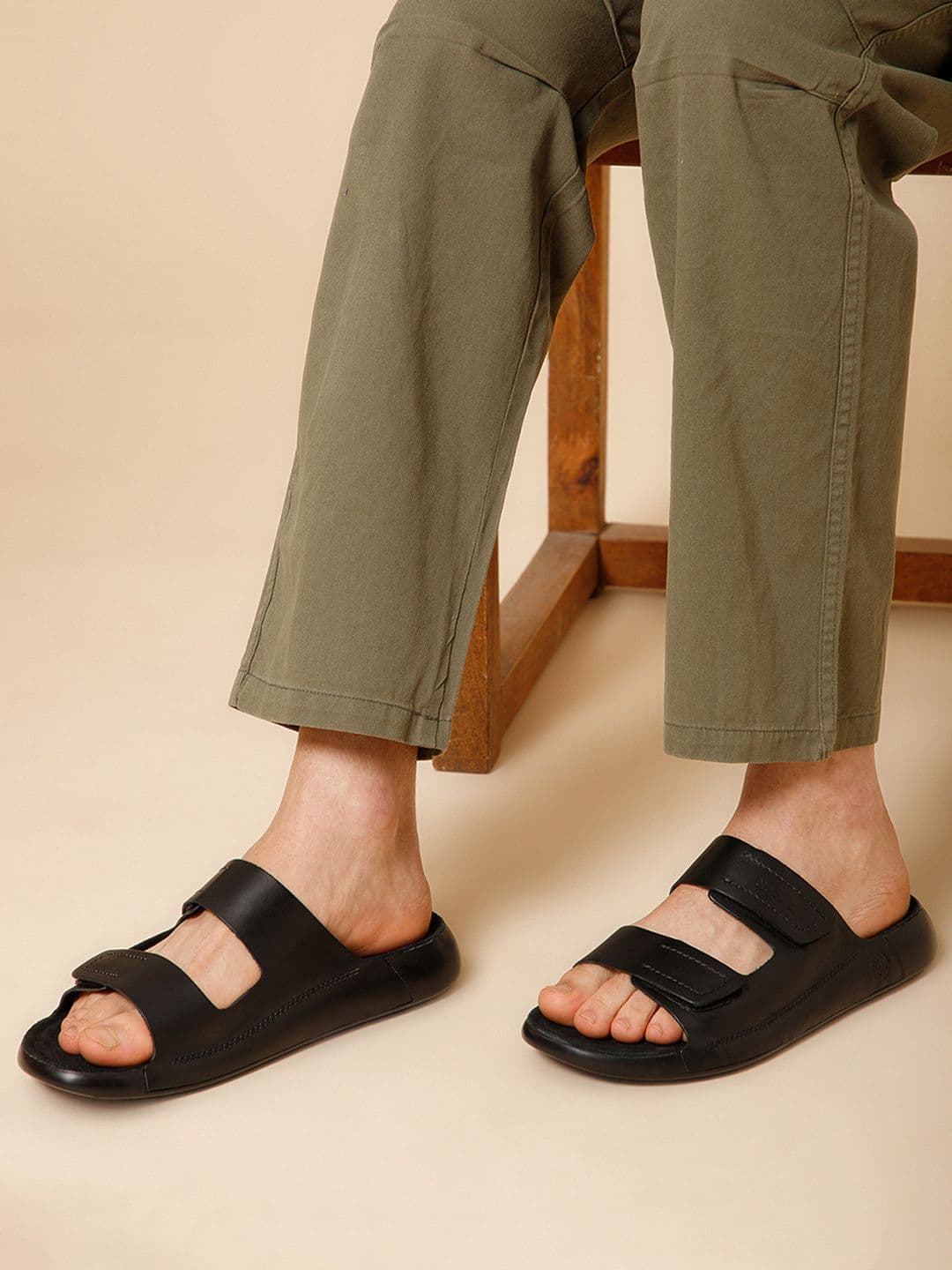 NoStrain Parallel Leather Sandals for men in Jet Black color. - view 1