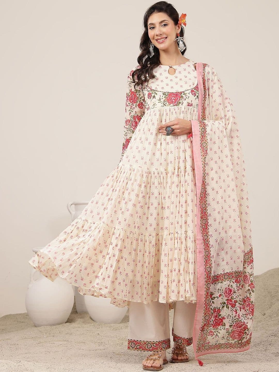 GULMOHAR JAIPUR Women Floral Printed Tiered Pure Cotton Kurta with Trousers & With Dupatta - view 1