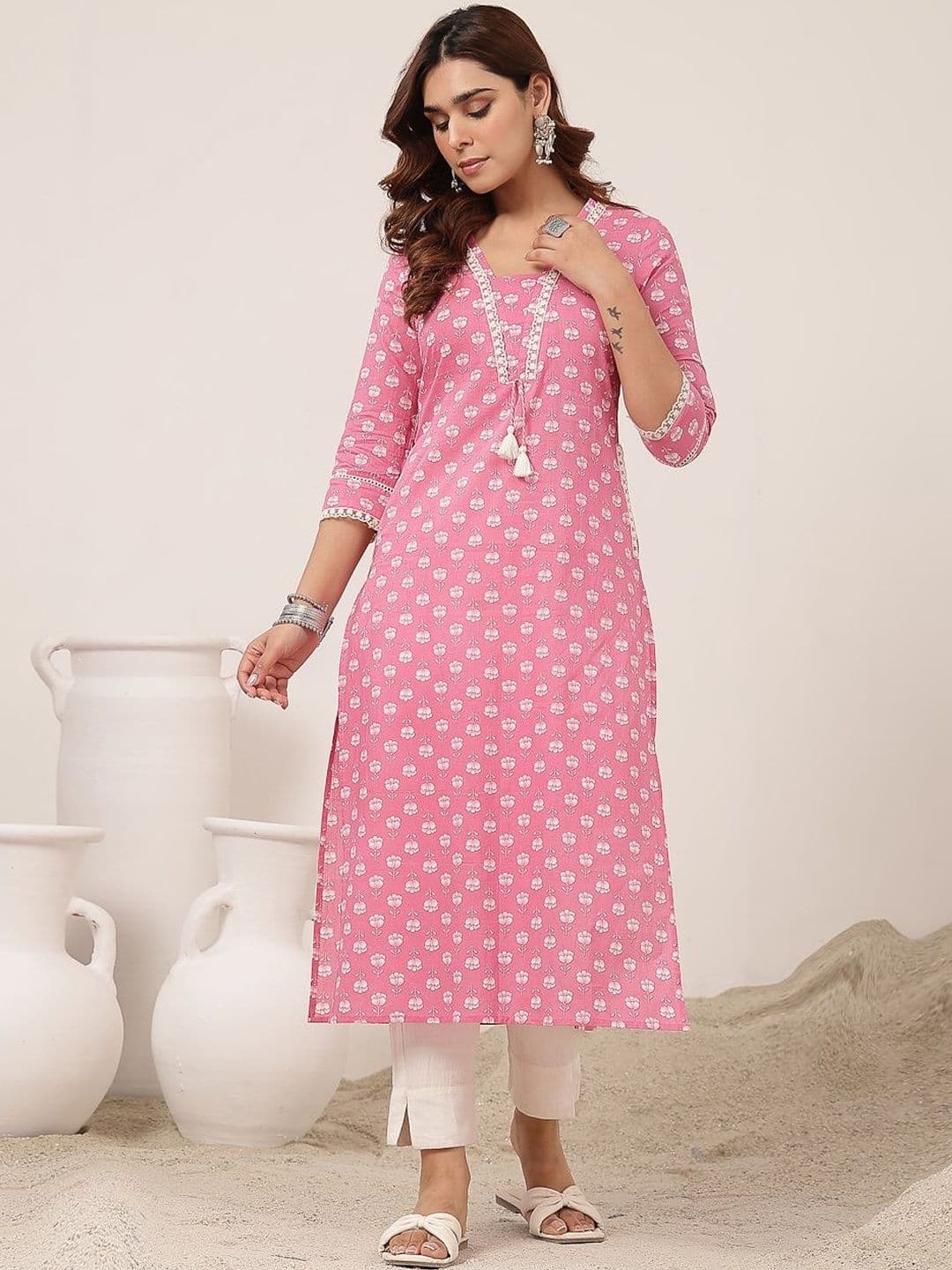 GULMOHAR JAIPUR Gotta Patti Cotton Ethnic Motifs Straight Calf Length Kurta - view 1