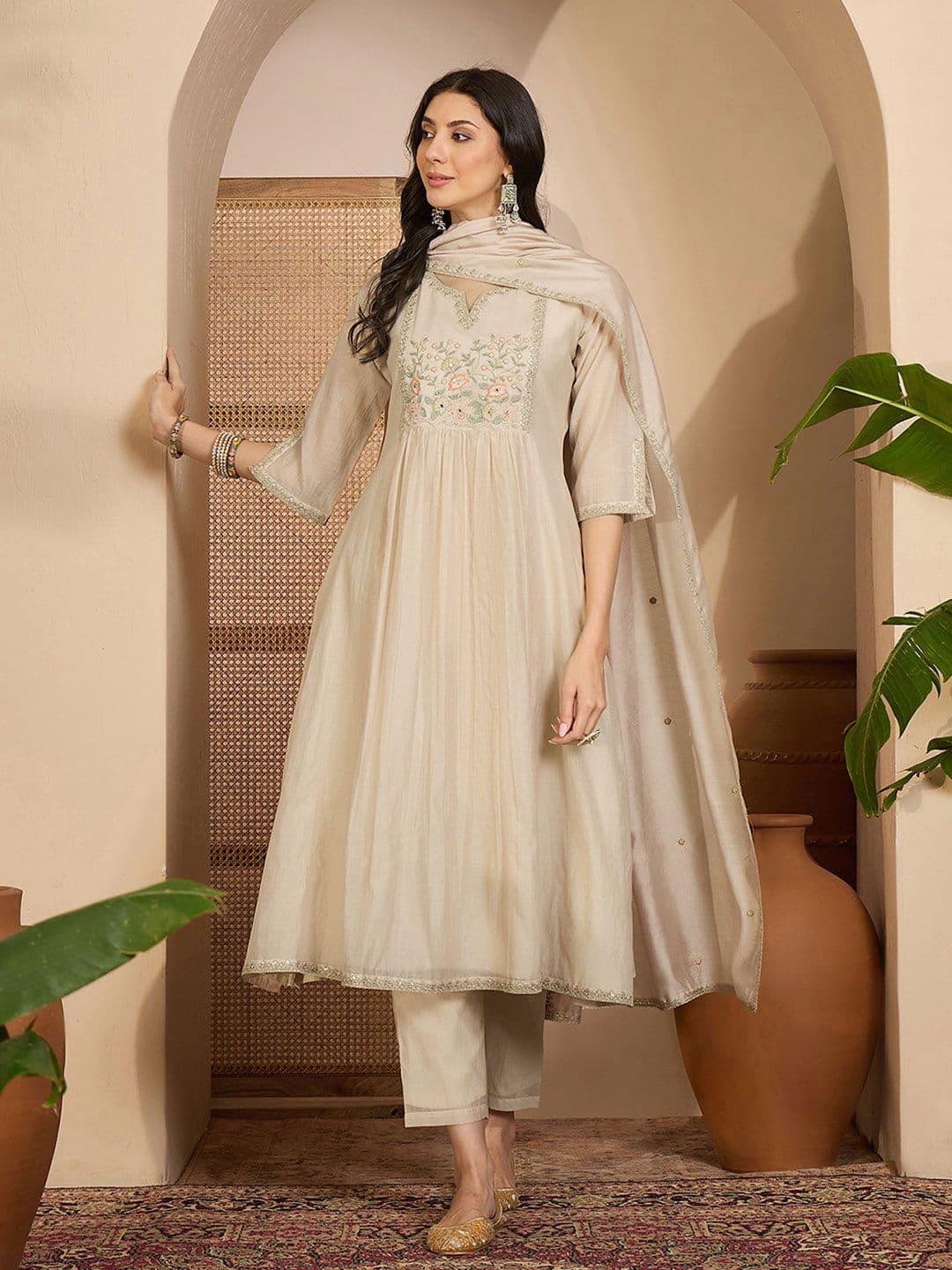 Sangria Embroidered Round Neck Kurta Trousers & Dupatta - view 1