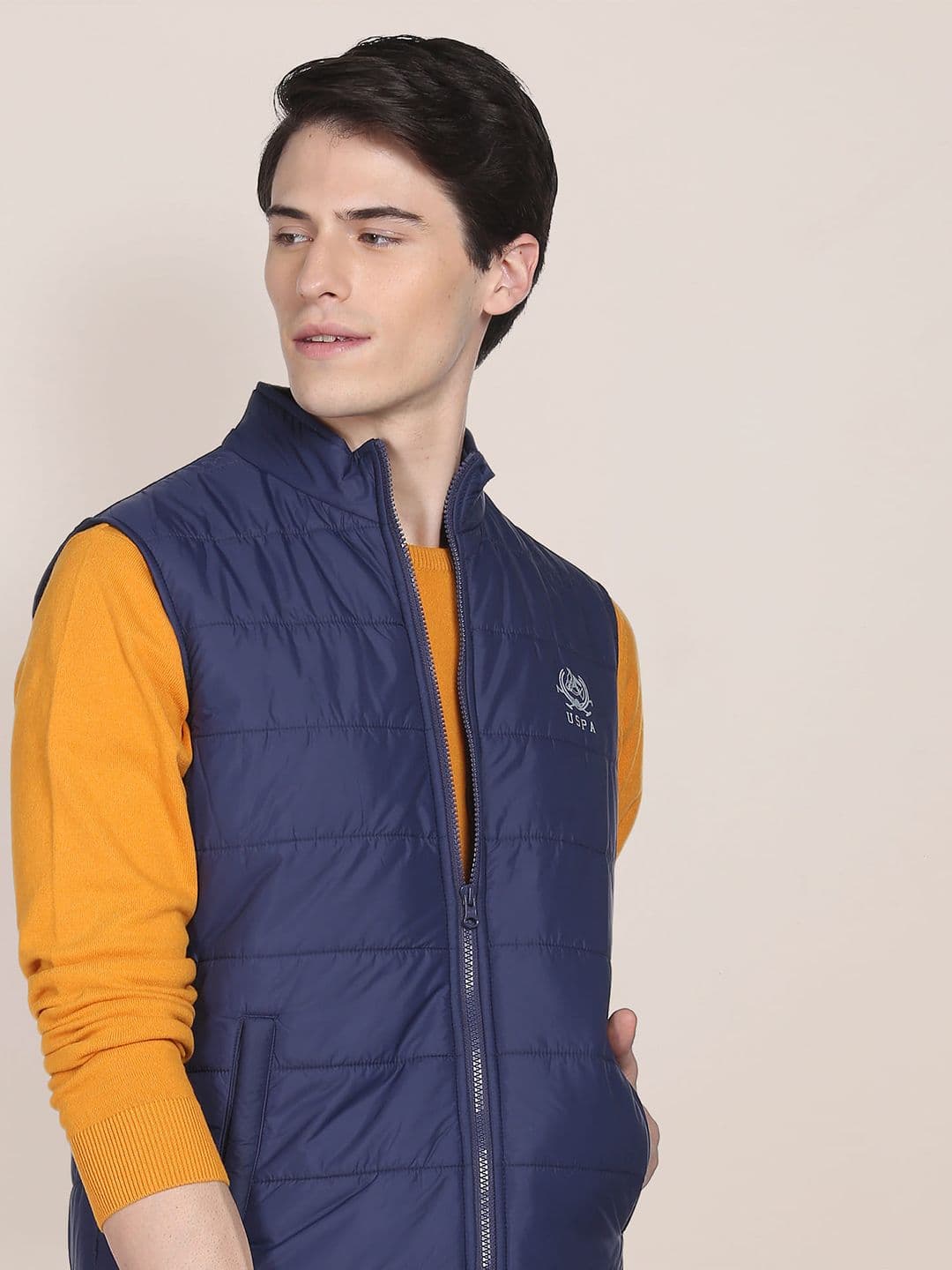 U.S. Polo Assn. U S Polo Assn Men Navy Blue Brand Logo Printed Sleeveless Padded Jacket - view 1