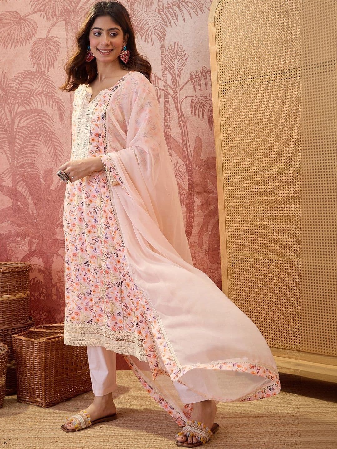 Sangria Women Floral Printed Regular Thread Work Pure Cotton Kurta with Trousers & With Dupatta - view 1