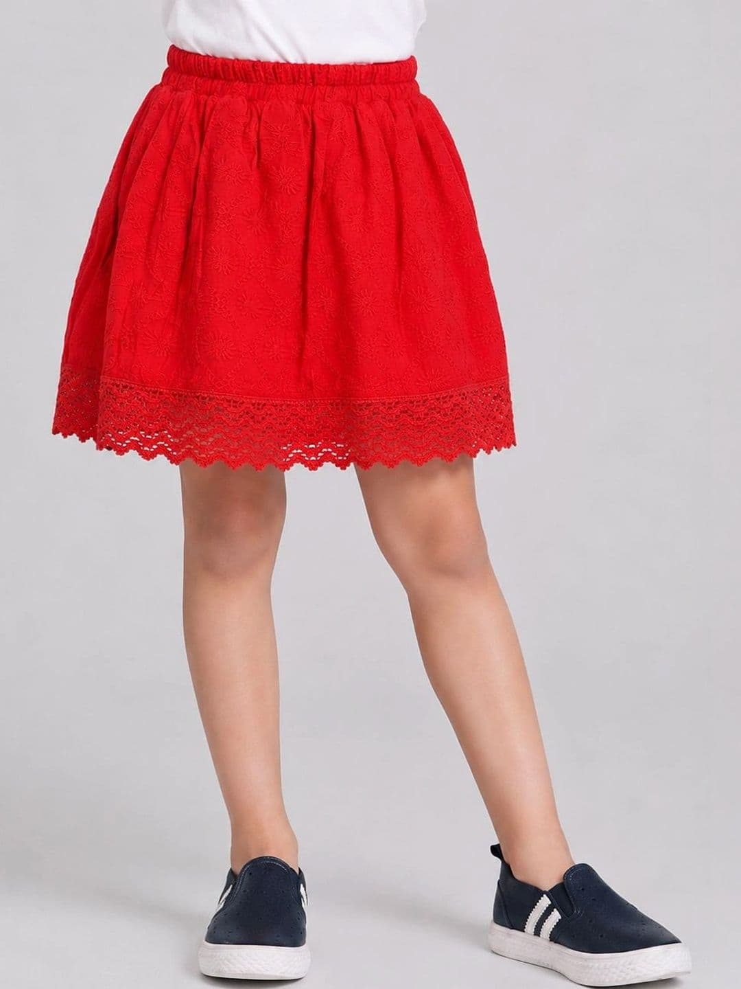 Creative Kids Girls Pure Cotton Self Design Lace Frills Bows and Ruffles Above Knee A-Line Skirt - view 1