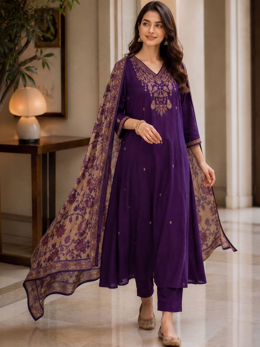 KALINI Women Ethnic Motifs Embroidered Regular Thread Work Kurta with Trousers & With Dupatta - view 1