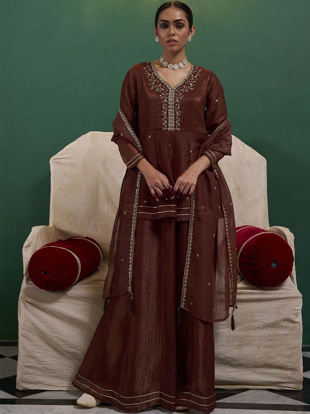 MOKOSH Women Coffee Silk Embroidered Kurta & Sharara Set With Dupatta - view 1