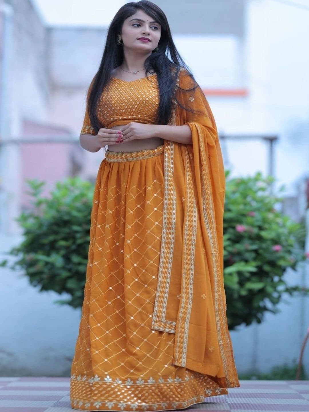 Chandbaali Embellished Mirror Work Semi-Stitched Lehenga & Blouse Taping - view 1
