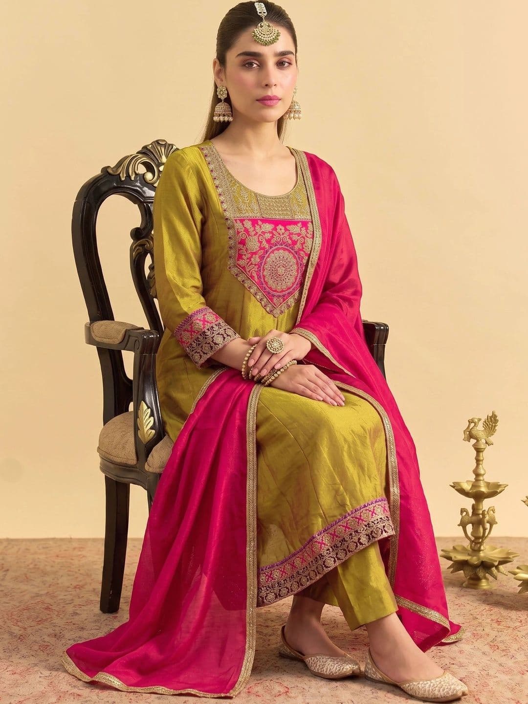 Sangria Women Ethnic Motifs Embroidered Regular Thread Work Kurta with Trousers & With Dupatta - view 1