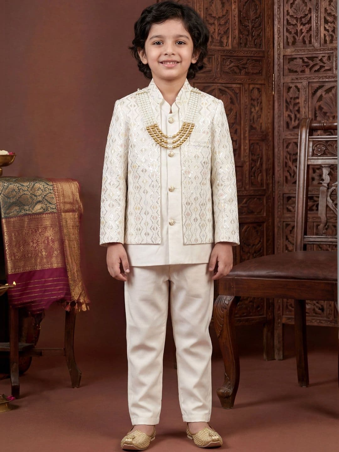 Sangria Boys Chevron Sequined Sherwani Set With Jacket & Necklace