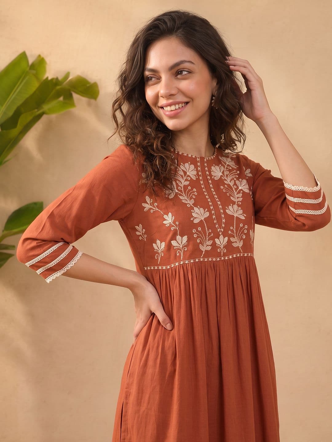Janasya Floral Embroidered A-Line Kurta - view 1