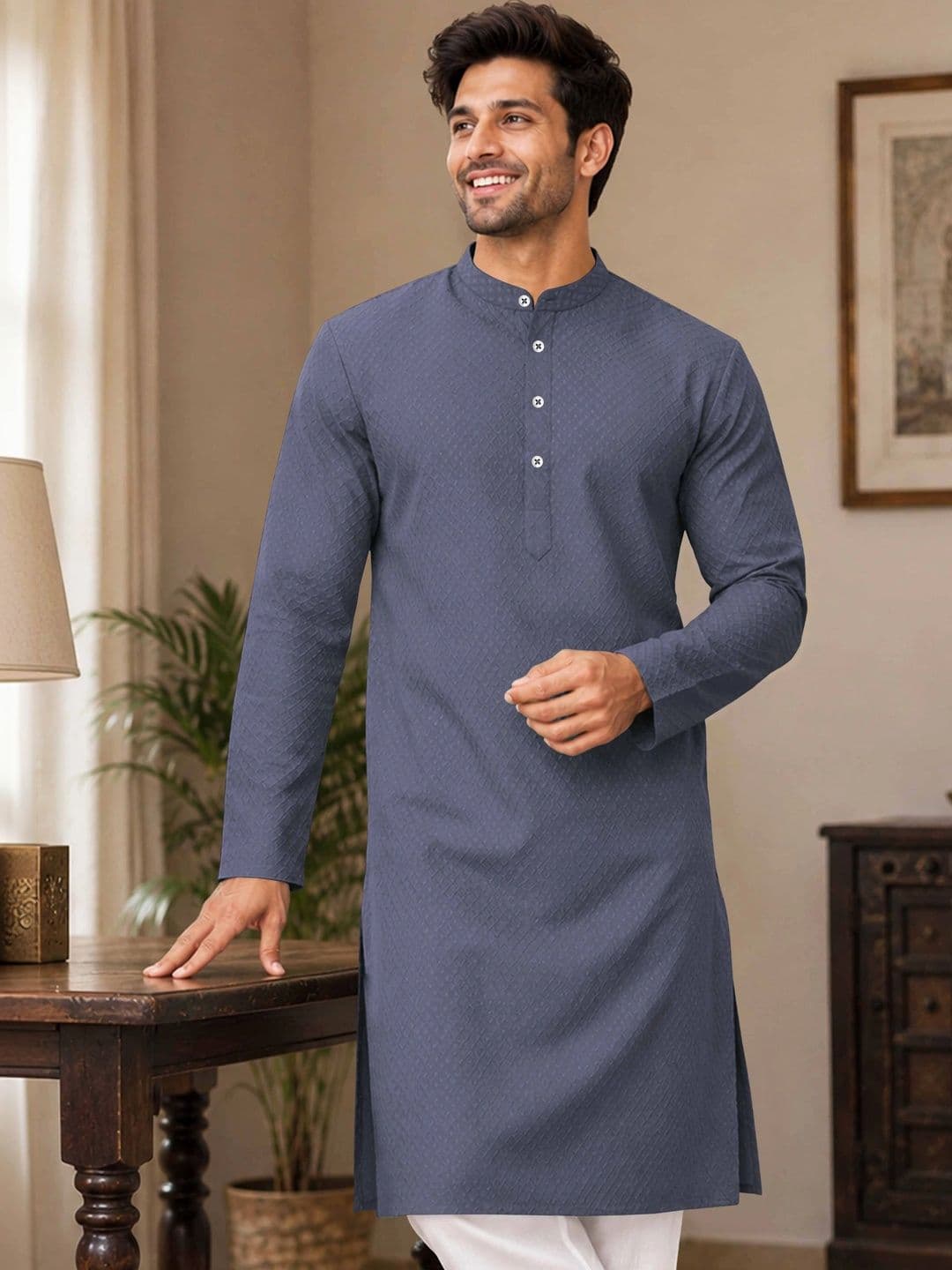 VeBNoR Men Thread Work Dobby Kurta - view 1