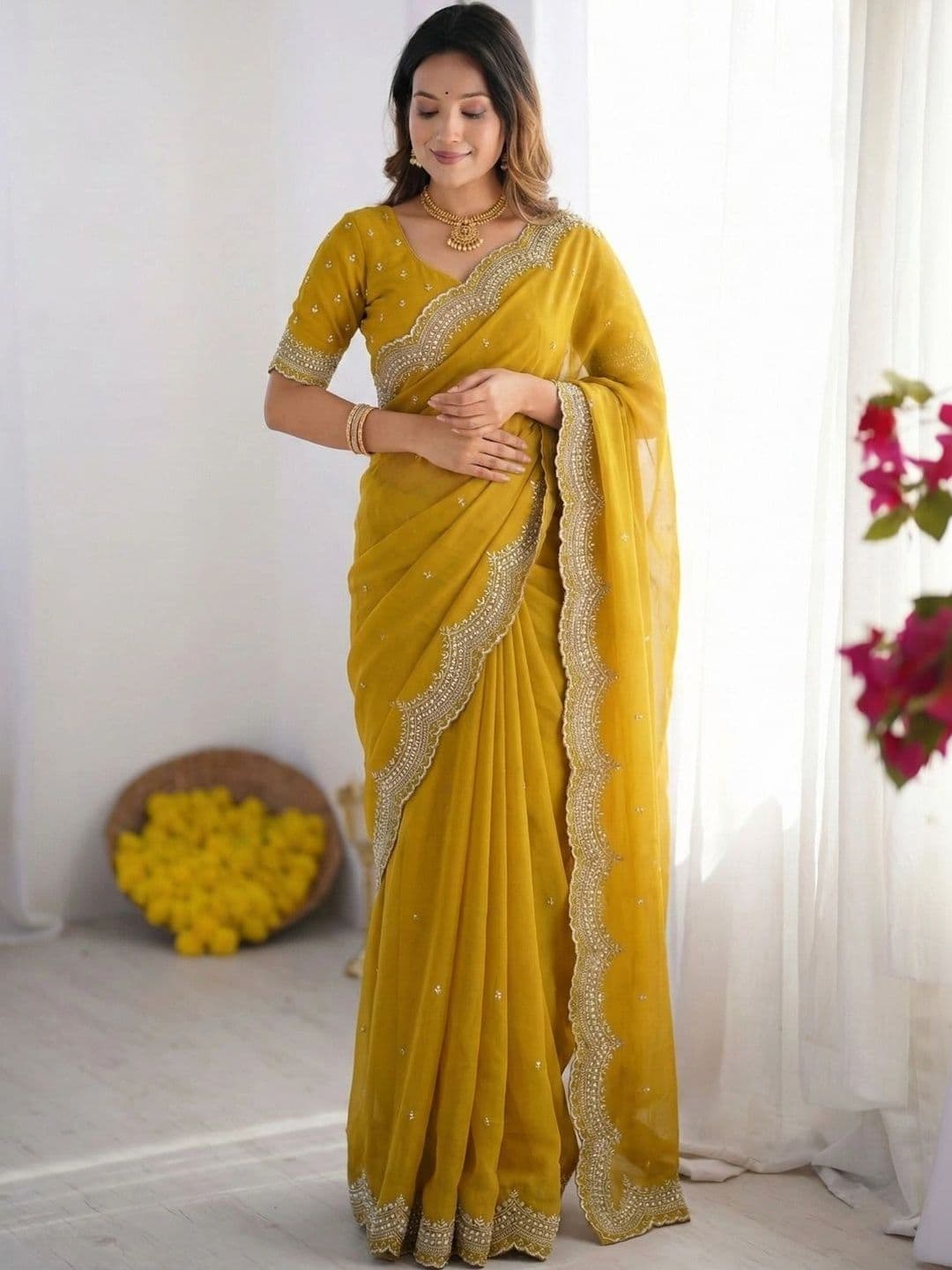 Rangrath Floral Embroidered Poly Georgette Designer Banarasi Saree - view 1