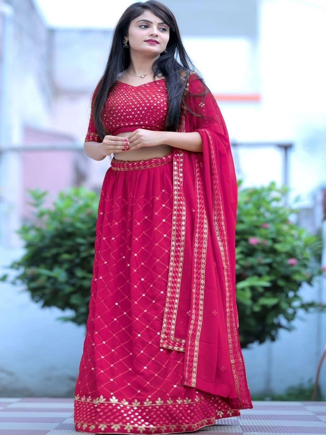Chandbaali Embellished Foil Print Semi-Stitched Lehenga & Blouse Taping - view 1