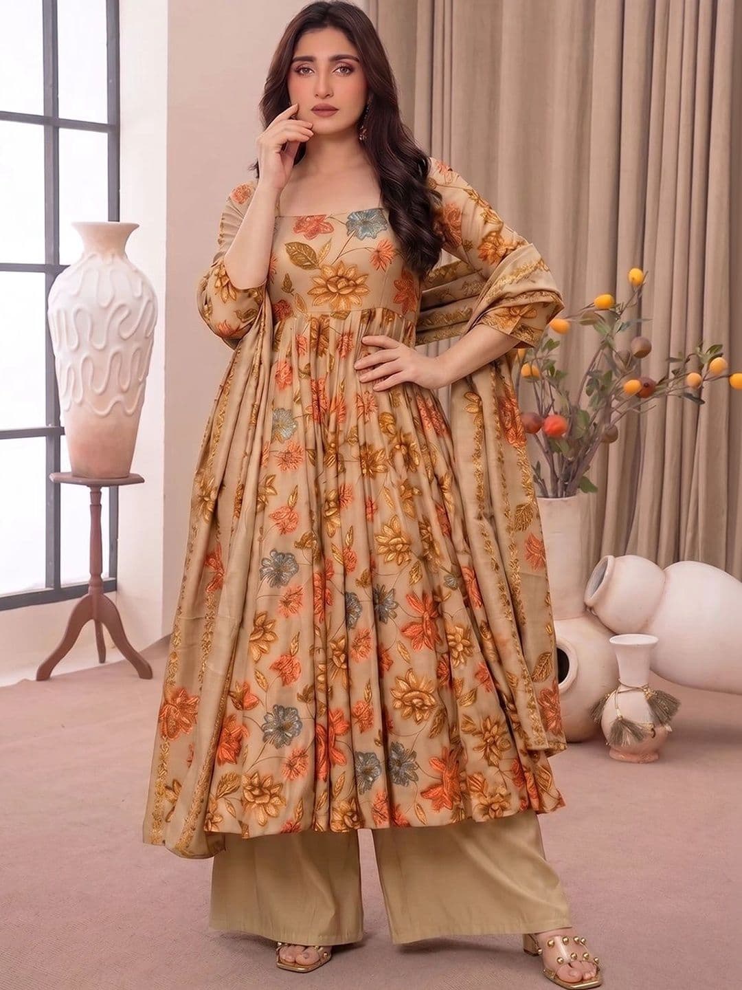 Anouk Women Floral Printed Empire Kurta with Palazzos & With Dupatta - view 1