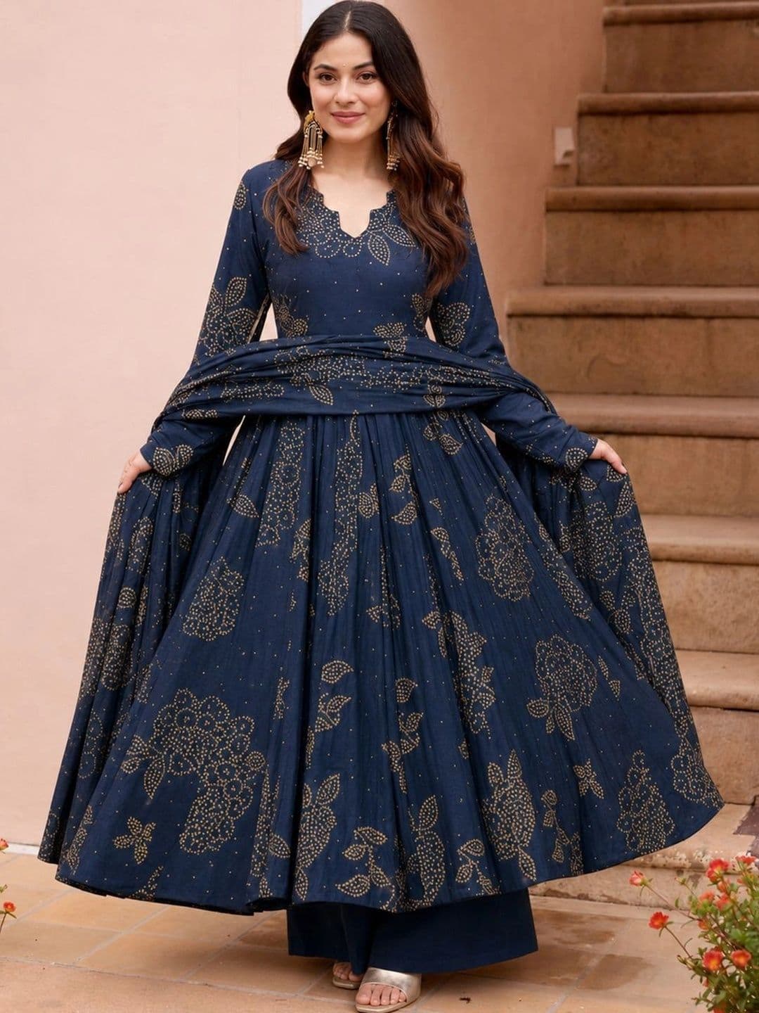 Aaghnya Women's Blue Rayon Blend Printed Anarkali Kurta Set With Dupatta - view 1