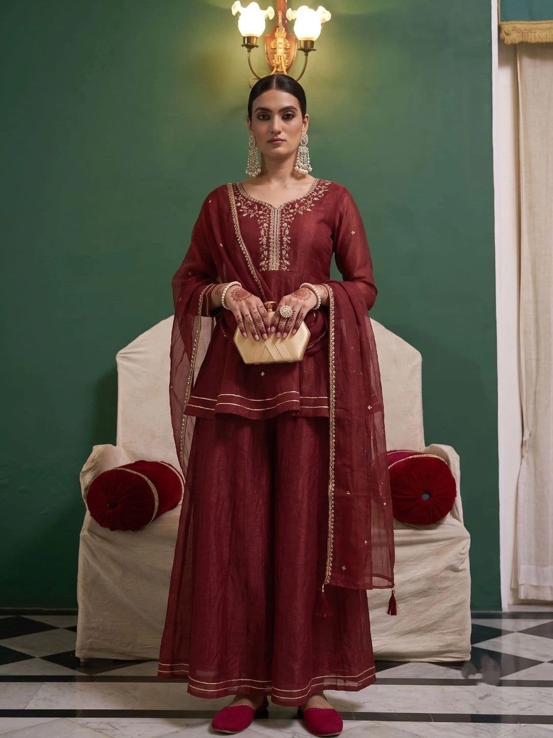 MOKOSH Women Berry Silk Embroidered Kurta & Sharara Set With Dupatta - view 1