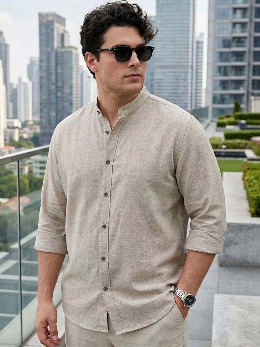 Urbano Plus Men Plus Size Beige Linen Full Sleeve Relaxed Fit Mandarin Collar Shirt - view 1