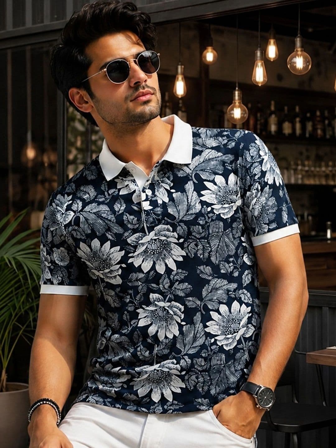 Utopium Men Floral Printed Polo Collar T-shirt - view 1