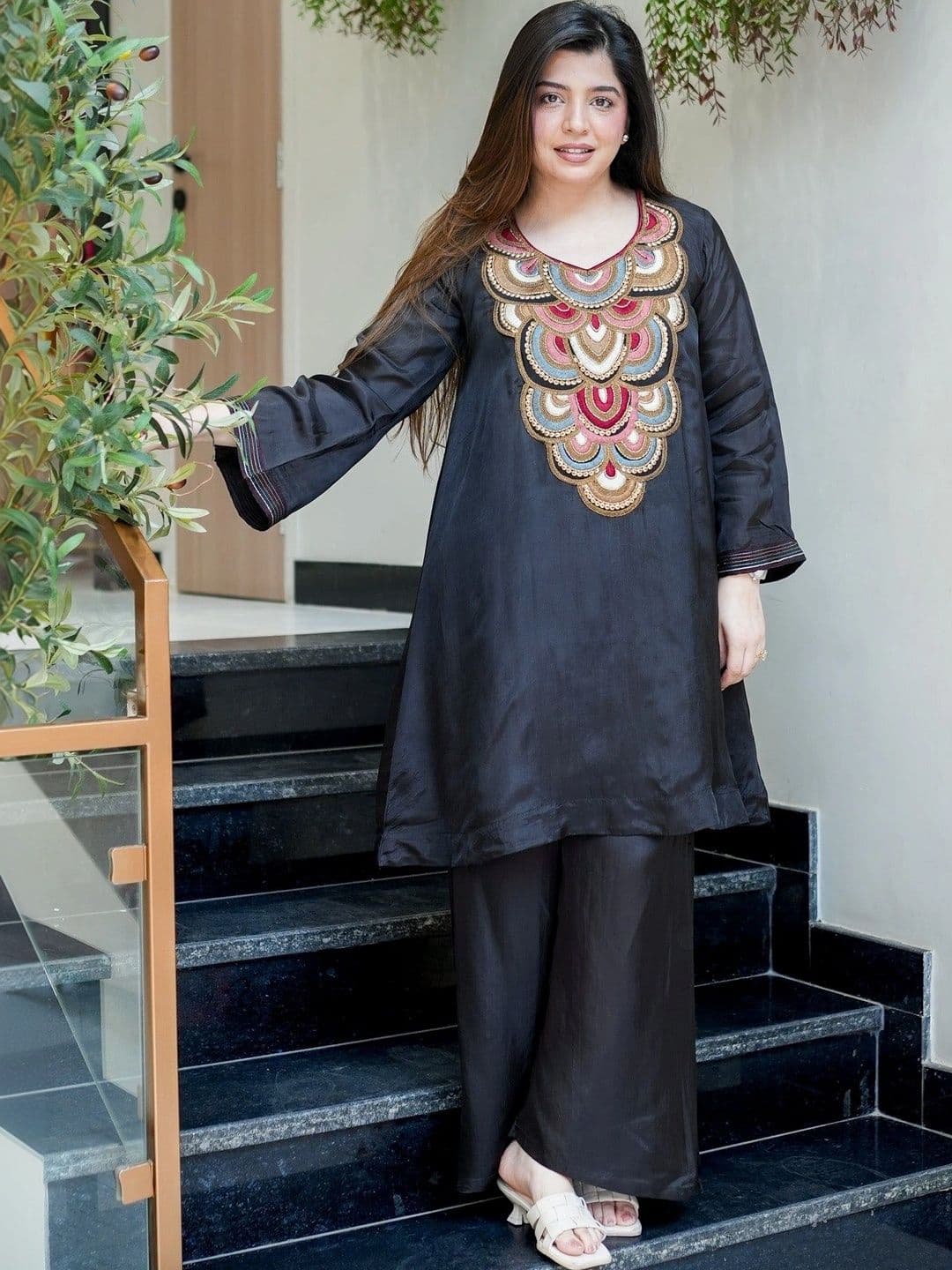 all about you Women Ethnic Motifs Embroidered Regular Thread Work Silk Crepe Kurta with Palazzos - view 1
