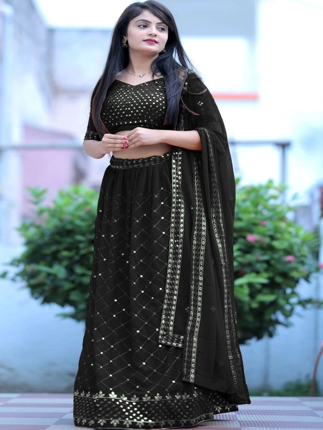 Chandbaali Embellished Mirror Work Semi-Stitched Lehenga & Blouse Taping - view 1