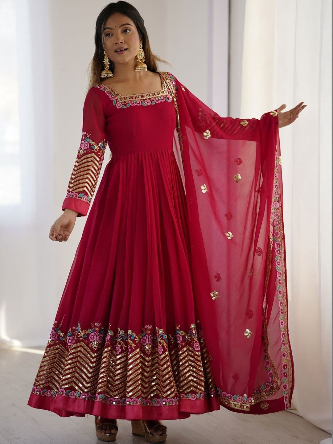HERE&NOW Women Ethnic Motifs Embroidered Angrakha Kurta with Trousers & With Dupatta - view 1